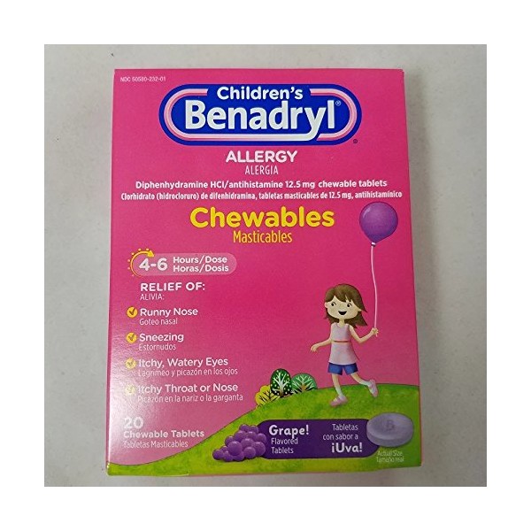 Benadryl Children's Allergy Chewables, Grape, 20 Count (4 Pack)