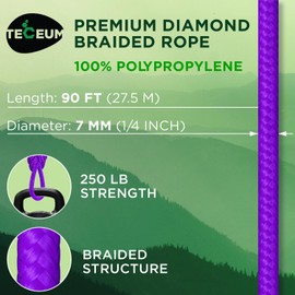 TECEUM Rope – 90 Feet x 1/4 Inch (7mm) – Purple – Strong All-Purpose Utility Rope – Camping, Crafting, Flag Pole, Indoor & Outdoor – Polypropylene Nylon Poly Lightweight Diamond Braided Cord