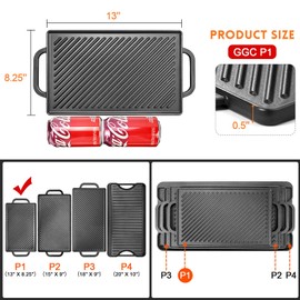 GGC Cast Iron Reversible Grill Griddle for Stove Top, Flat Griddle for Gas Grills, Flat and Ribbed Double-Side to Use, Non-Stick Griddle Plate Top Outdoor Cooking (20" x 9")
