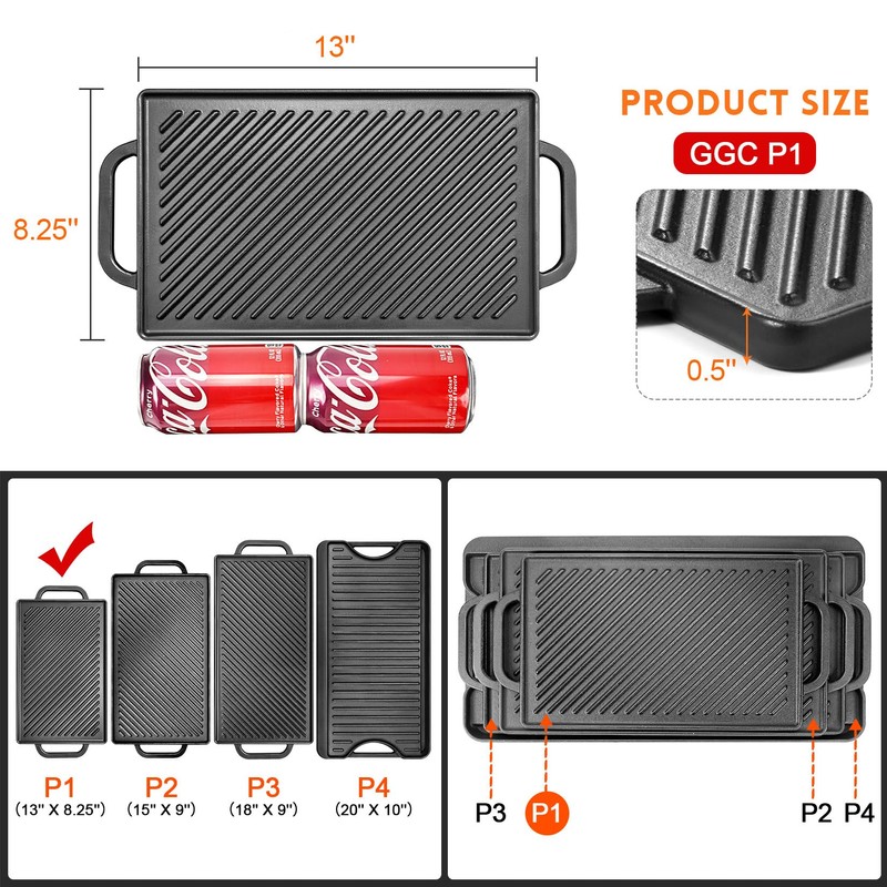 GGC Cast Iron Reversible Grill Griddle for Stove Top, Flat