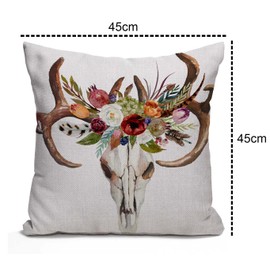 Tomda Watercolor Floral Boho Deer Skull Burlap Cushion Cover Throw Pillow Case Couch Sofa Decorative Square 45x45cm 18x18 Inch