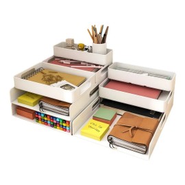 NEPA Market 3 Size Modular Desk Organizer Set 9 Piece Sliding & Stackable Trays + Paper Tray