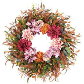 24 Inch Fall Wreath Pink Hydrangea Red Dahlia Wheat for Thanksgiving Door