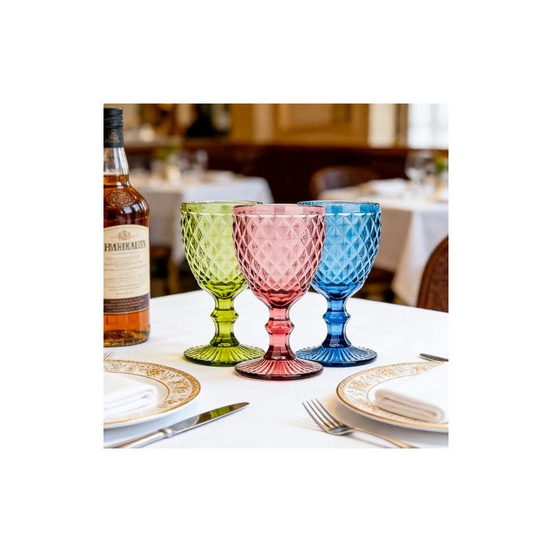 6Pcs 10oz Colored Embossed Stem Wine Goblets Wedding Party Bar