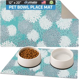 Drymate Pet Bowl Placemat, Dog & Cat Food Feeding Mat - Absorbent Fabric, Waterproof Backing, Slip-Resistant - Machine Washable/Durable (USA Made) (12” x 20”) (Indian Summer Turquoise & White 8)