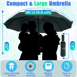 GAOYAING 46 Inch Large Automatic Travel Umbrella, 12 Ribs Windproof Design, Heavy Duty Strong 210T Pongee Fabric Folding Umbrella with Sleeve, Midnight Green