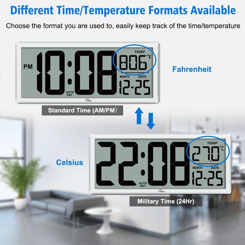 WallarGe Backlight Digital Wall Clock Battery Operated - with Temperature
