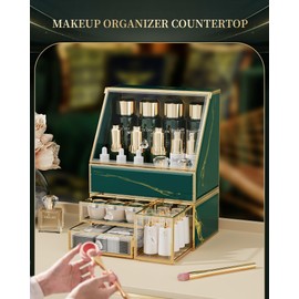 CoralHouse Makeup Organizer Countertop,Green Makeup Organizer with Drawer, Skincare Holder for Bathroom Countertop,Cosmetic Display Case for Dresser.