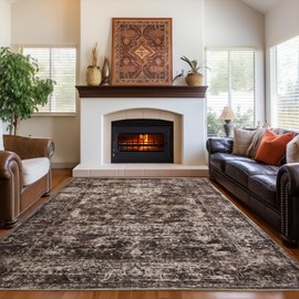 CRYPTOLITE Rugs for Living Room, 8x10 Large Area Rugs Ultra Soft Washable, 0.3″ Vintage Boho Faux Wool Carpet for Dining Room, Bedroom, Office, Home Decor (Brown)