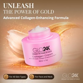 Crema de colágeno para rostro y cuello GLO24K con oro de 24k, colágeno y ácido hialurónico. Aumente los niveles de colageno de su piel para una piel r