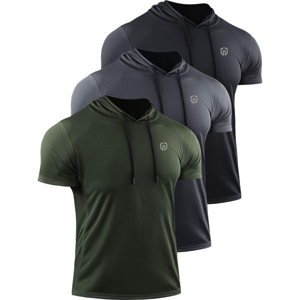 NELEUS Men's Running Shirt Mesh Workout Athletic Shirts with Hoods,5084,3 Pack,Black/Grey/Olive Green,US S,EU M