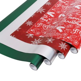 BIOBROWN Christmas Wrapping Paper Roll Set - 17" x10' Per Roll (4 Rolls, 56.6 sq.ft. ttl.) - Holiday Greeting Design Wrapping Paper with Ribbons and Tags Assortment for Holiday Xmas