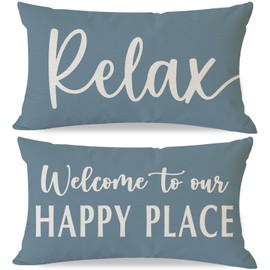 HERHOME Welcome to Our Happy Place Relax Decorative Throw Pillow Covers 12x20 Inch Set of 2 Dusty Blue Outdoor Farmhouse Porch Decor Lumbar Cushion Case Decoration for Home Sofa Couch Living Room
