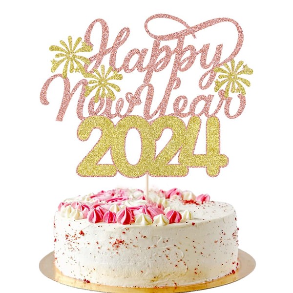 AROKIPPRY - Decoración para tartas de Año Nuevo 2024, Hello 2024, Cheers 2024, Welcome to 2024 (oro y rosa)