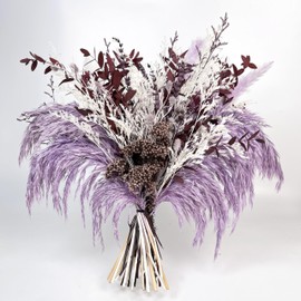 Decorative Dried Flower Bouquet, Natural Pampas Grass and Baby's Breath Arrangement, White Ceramic Vase, Home Decor (Purple and Pink)