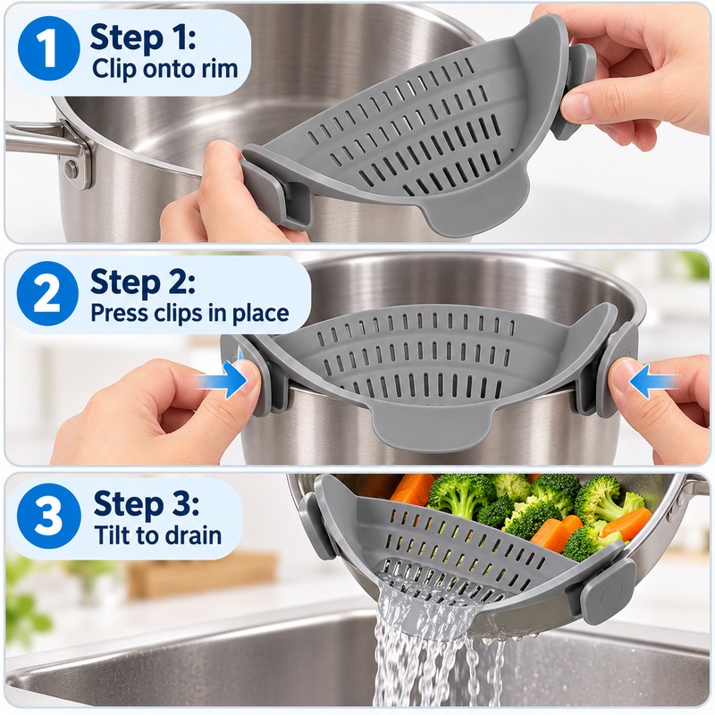Clip-On Silicone Pot Strainer for Pasta & Vegetables – Flexible