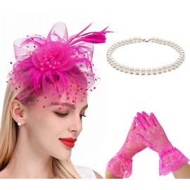 EDSPORT 3PCS Fascinators Hats for Women Tea Party Hat and Gloves, Headband Hair Clip Kentucky Derby hats for Wedding Cocktail Church Costume Events, Pink