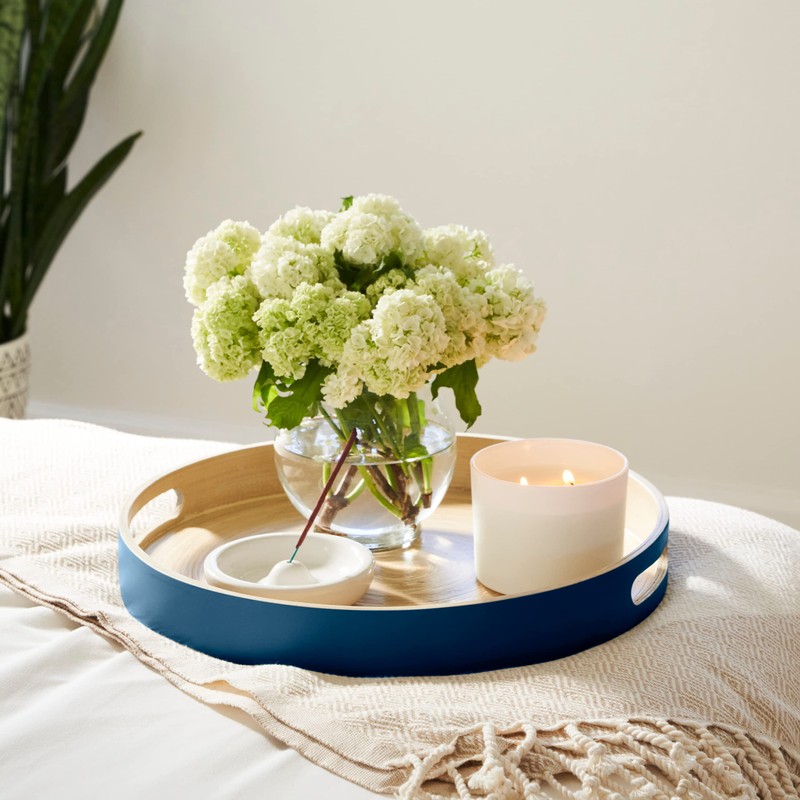 HABITAAS Spun Bamboo Round Wooden Tray, Blue, 13.75 Inches