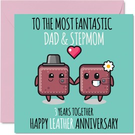Cute Leather Anniversary Card for Dad & Step Mom - 3 Years Together - Happy 3rd Wedding Anniversary Cards for Step Mom Dad, 5.7 x 5.7 Inch Greeting Cards for Third Anniversaries
