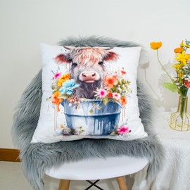 DILOXNSU Highland Cow Gifts Cushion Cover 45x45cm Home Decorate Cute Happy Color Baby Highland Cow in Flowers Bucket Cushions for Livingroom Couch Sofa Decor Throw Pillow Case 18"x18"