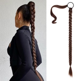 SEIKEA Upgraded Long Braid Ponytail Extension with Elastic Tie Straight Sleek Wrap Around Braid Hair Extensions Ponytail Medium Cinnamon Brown 34 Inch (After Braided 30 Inch)