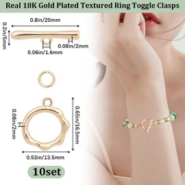 Beebeecraft 1 Box 10 Sets Toggle Clasp 18K Gold Plated Textured Ring T-bar Closure End Clasps Connector Sets for Necklace Bracelet DIY Jewellery Making