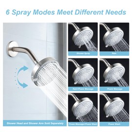 OFFO Shower Head, High Pressure Shower Head with 6 Mode, Fixed Showerheads for Strong Water Flow & Relaxing Shower Experience, Brushed Nickel