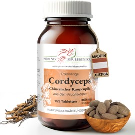 Phoenix der Lebenskraft Chinesischer Raupenpilz Tabletten 360 mg | 155 Tabletten Cordyceps militaris | Top Premium Qualit?t aus ?sterreich | Vegane Tabletten statt Kapseln ohne Zusatzstoffe | Yartsa Gunbu Raupenkeulenpilz