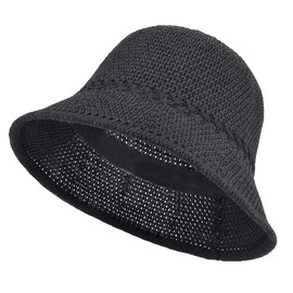 Women's Crochet Bucket Hat, Faux Straw Weaving Sun Hat Packable Mesh Woven Soft Lightweight Beach Hat for Spring Summer Fall Black