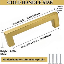 Fiabgum 5 Inch Gold Cabinet Handles,10PCS Cabinet Pulls,Square Kitchen Hardware Pulls for Dresser Drawers Hardware Kitchen Handles,Furniture Handles 128 mm