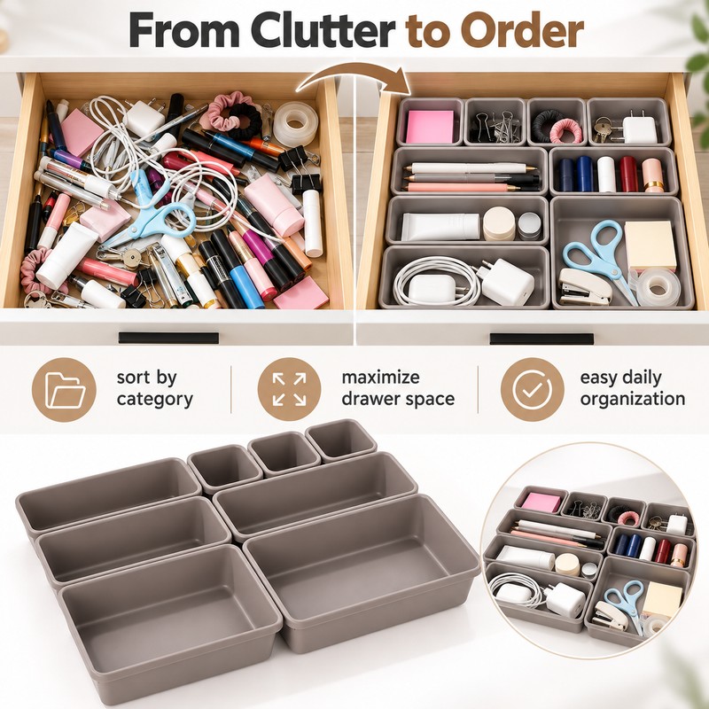 8-Piece Adjustable Drawer Organizer Set, Plastic Storage Trays for Makeup,