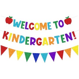 Welcome To Kindergarten Banner, Back to School Decorations, First Day of School Party Decorations for Classroom Office, Colorful Glitter Welcome Banner Pennant Bunting Garlands