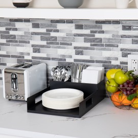 Mind Reader Anchor Collection, Utensil, Napkin and Plate Serving Tray, Breakroom, Countertop Organizer, Plastic, Black