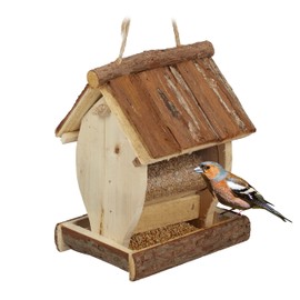 Relaxdays Wooden Bird Feeder for Hanging, Garden, Bird Feeder, Small Birds, H x W x D 19.5 x 15 x 12.5 cm, Natural