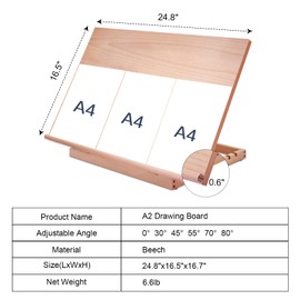 Large Artist Drawing & Sketching Board, 6-Position Adjustable Wood Drafting Table Easel, 24.8" L x 16.5" W (A2) Art Easel for Artist, Beginners, Students