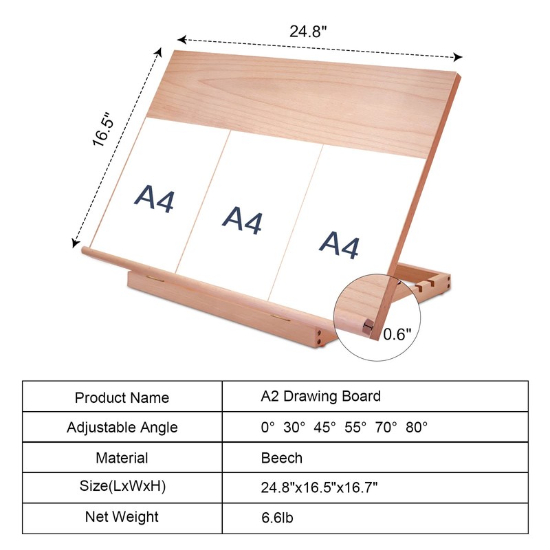 Large Artist Drawing & Sketching Board, 6-Position Adjustable Wood Drafting
