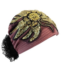 Gebell Women’s Turban Hat - Flower Sequin Cap Breathable Elegant Fashionable Headwear with Black Lace Decor for Daily Wear Party Home
