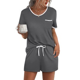 Ekouaer Pajama Set for Women 2 Piece Lounge Set Short Sleeve Tops and Shorts Soft Sleepwear, Chest Pocket Dark Gray