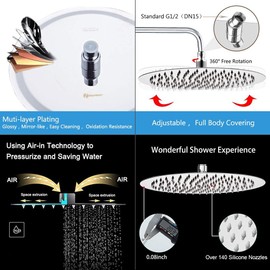 NearMoon Round Rain Shower Head With Shower Arm, Large Stainless Steel Rainfall Shower-Waterfall Full Body Coverage (12 Inch, Chrome Finish)