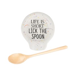 Enesco Our Name is Mud Life is Short Splatter Utensil Rest and Spoon Set, 5.51 Inch, Multicolor