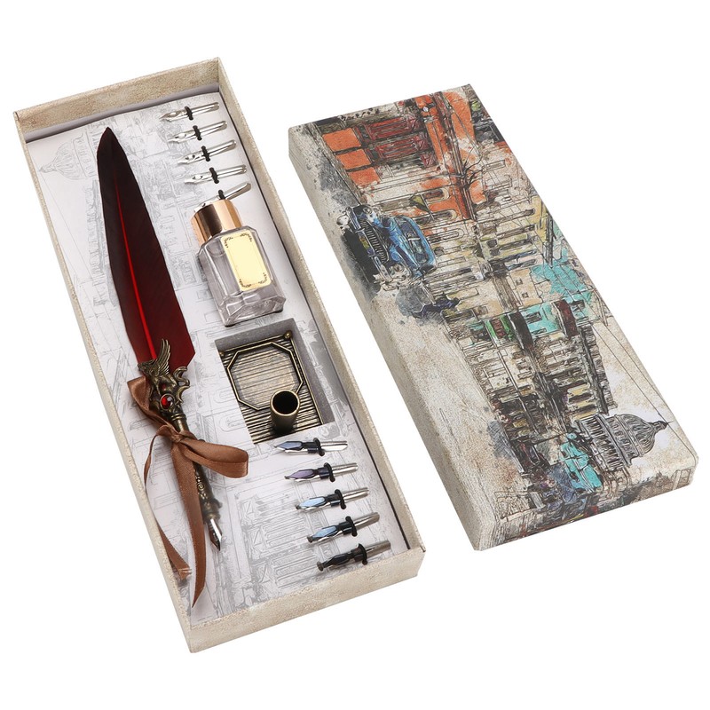 Feather Pen Set Vintage Creativity Ink Carving Writing Suit for