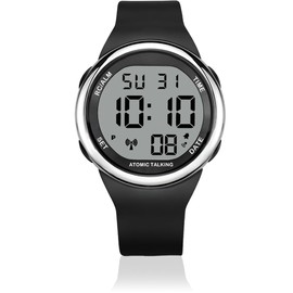 MAUJOY Men's English Atomic Talking Watch(Black Silicone Strap) Digital Display - Announces Time, Date & Alarm - Enhances Independent Living for Elderly, Visually Impaired & Low-Vision Users