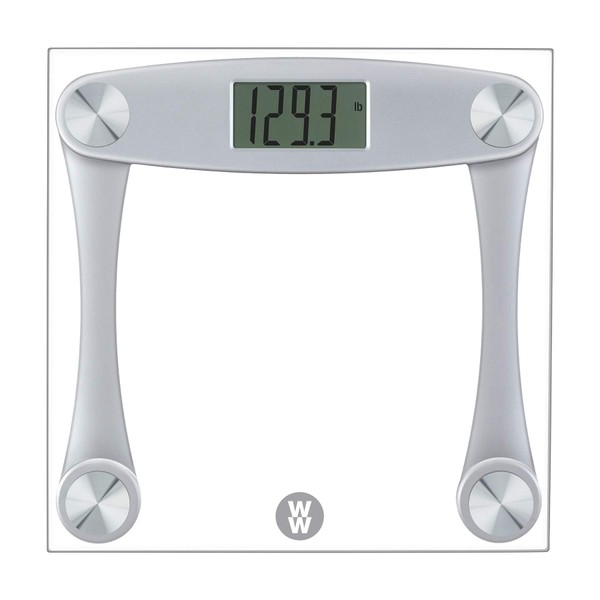 Weight Watchers Scales by Conair Bathroom Scale for Body Weight, Digital Scale, Glass Body Scale Measures Weight Up to 400 Lbs. in Silver Frame