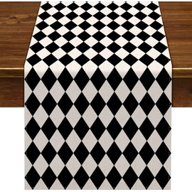 Nepnuser Linen Black White Diamond Lattice Table Runner Tea Themed Party Decorations Picnic Holiday Checkered Buffalo Plaid Table Cover for Kitchen Dining Room (13" x 90")