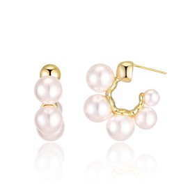 Hebterrka 14k Gold-Plated Pearl Hoop Earrings for Women, Trendy Cuff Pearl Earrings, Lightweight Hypoallergenic Jewellery, Ideal for Teenagers and Girls, White