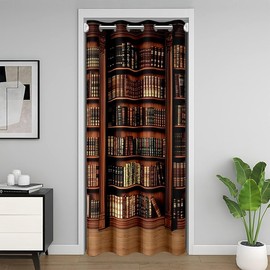 meiyoeat Vintage Bookshelf Door Curtain for Doorway Privacy for 34x80 Inch 1 Panel Kids Books Closet Door Cover for Boy Girl Teen Bookcase Darkening Curtain Washable Retro