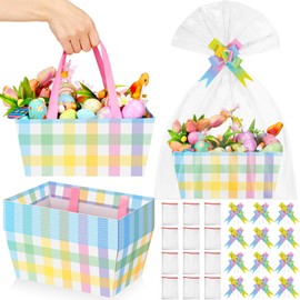 Skyygemm 12 Pcs Easter Basket for Gifts Empty 9.8 x 6.5'' Colorful Gift Basket with Handles, Bows, Plastic Bags and Twist Ties to Fill for Spring Easter Wedding Birthday Goodies Stuffer, Party Favors
