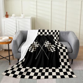 Manta de cama con bandera blanca y negra para niños y niñas, manta de franela de rejilla geométrica, suave, acogedora, ligera, temática de carreras, forro polar de felpa con temática de deportes extremos, regalos para cama, sofá de oficina (40 x 50 pulga