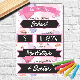 Pixie's Gifts First Day of School Board - My First Day of Nursery Chalkboard Reusable First Day of School Sign Milestone Photo Prop for Kids Child (25x16cm) (Pink)