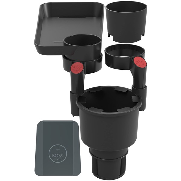 Triple Car Cup Holder Expander Attachable Tray with Adjustable Base and Large Bottles